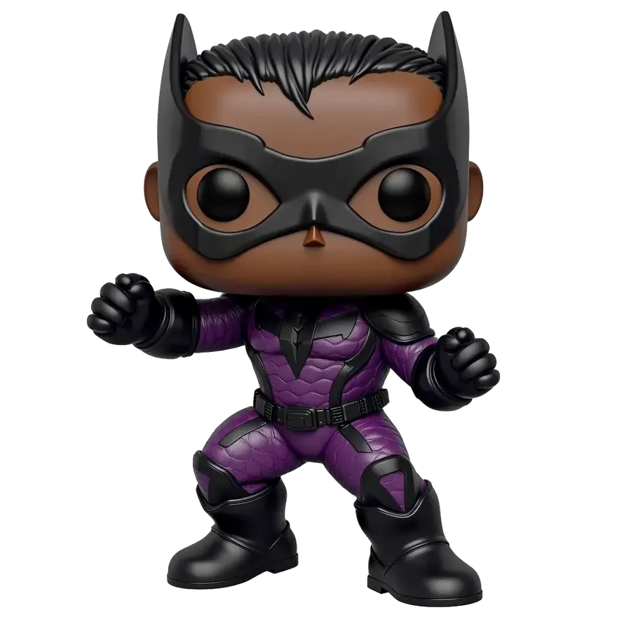 Masked collectible figure in purple and black armor with pointed ears and raised fists