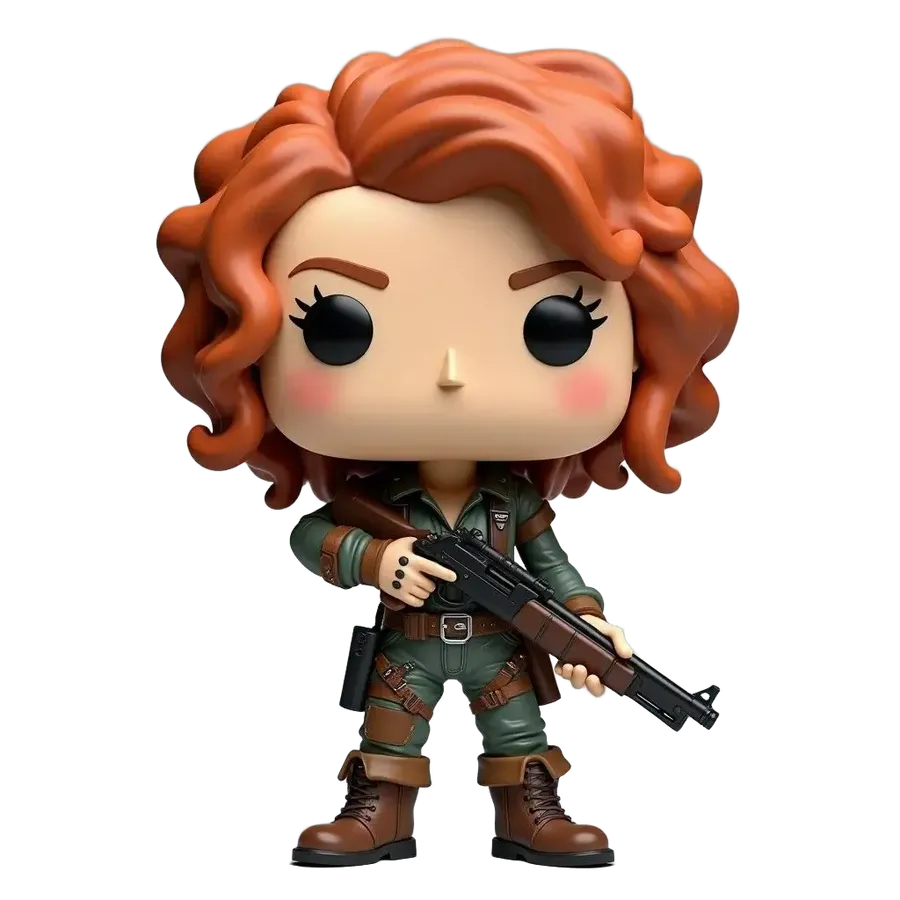 Red-haired collectible figure in a green outfit holding a rifle