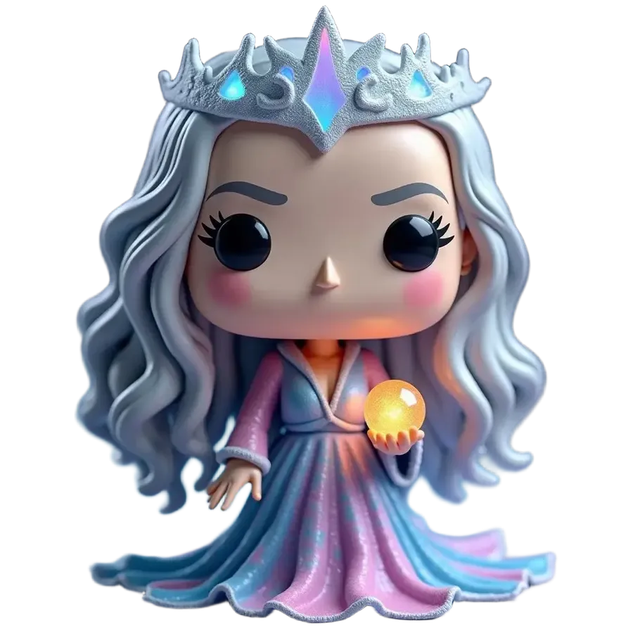 Silver-haired queen figure wearing an icy crown and holding a glowing orb