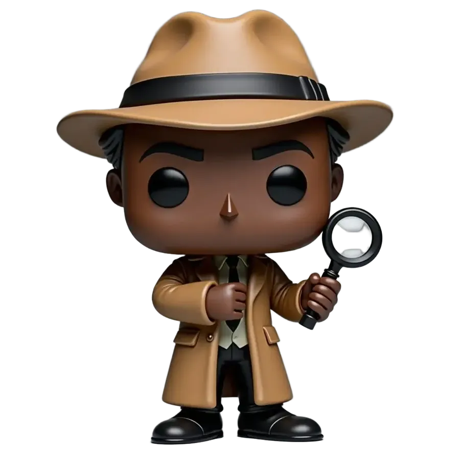 Detective figure in a tan hat and coat holding a magnifying glass