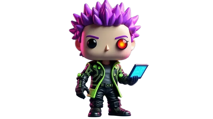 Purple-haired cyberpunk figure with a glowing orange eye holding a blue device