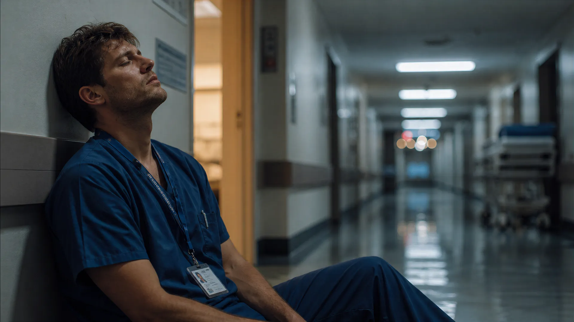 a night-shift nurse leaning against a hospital corridor wall, cold fluorescent ceiling light mixing with a warm glow from an open doorway, shot on a 35mm lens at f2.0, shallow focus with a blurred gurney further down the hall, creased scrubs and a lanyard catching the light, quiet and worn-out, realistic photo generated with getimg.ai