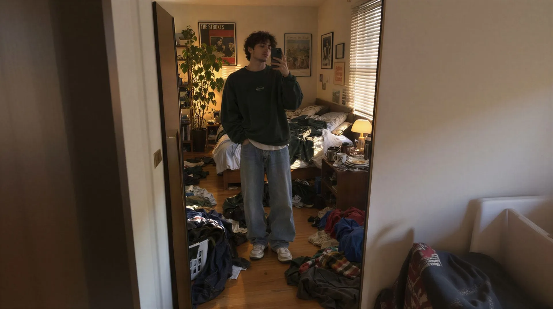 Before AI object removal: a young man in a green sweatshirt takes a phone mirror selfie in a warmly lit bedroom with clothes piled across the wooden floor, a laundry basket, an unmade bed and a cluttered nightstand. Example input photo for the Background Cleanup Action on getimg.ai, showing clutter that needs clearing.