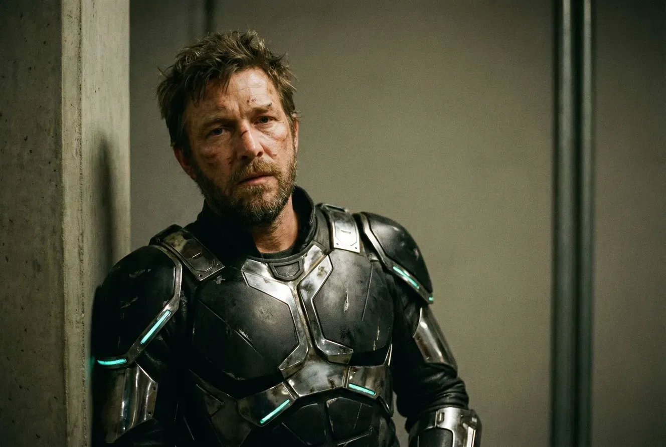 cinematic scene of the man in the futuristic armour 
