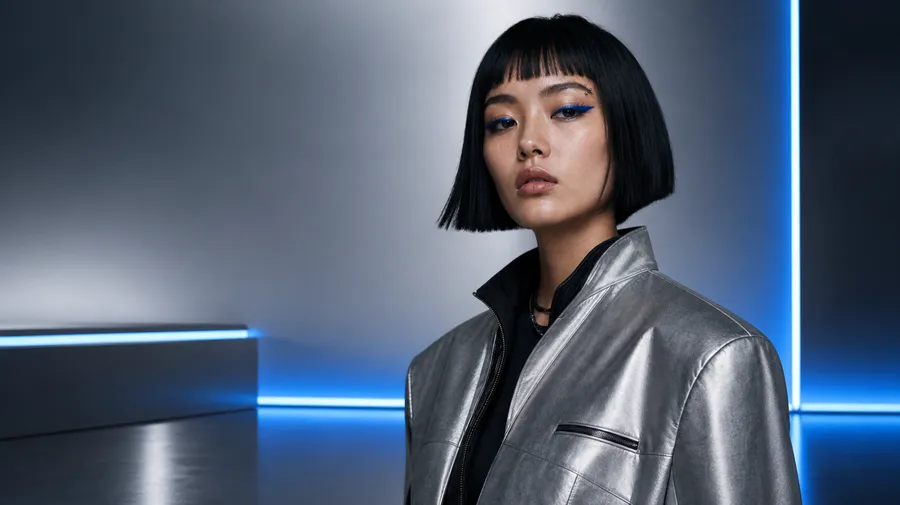 The AI character in a metallic silver jacket, shot waist-up in a dark studio with cobalt-blue rim lighting, a campaign hero visual generated in getimg.ai.