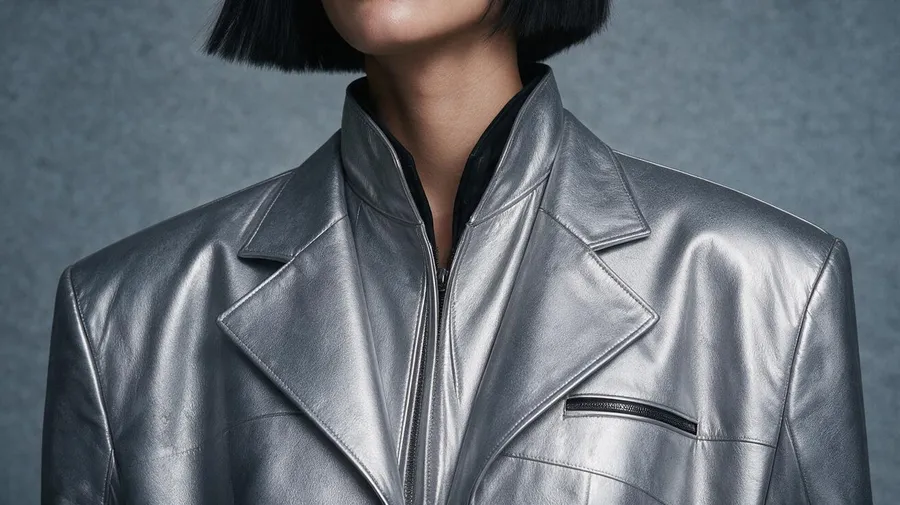 AI-generated detail of the character's metallic silver leather jacket, framing the notch lapels, stand collar and zip below her chin, a campaign close-up from getimg.ai.