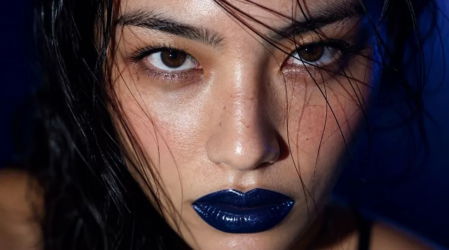 extreme beauty close-up of a young woman with natural pores, peach fuzz, tiny freckles and realistic skin variation, glossy dark blue lips, individual eyelashes, slightly wet eyebrows, strands of wet black hair crossing her face, soft direct flash combined with deep blue shadows, intense eye contact, imperfect editorial beauty, Pinterest-coded makeup campaign, raw but luxurious, high-detail macro photography, shallow depth of field, realistic facial anatomy, realistic image generated on getimg.ai