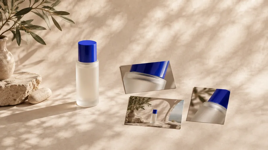 Warm, minimalist studio product-photography scene: a frosted-glass bottle with a cobalt-blue cap on a sunlit beige surface beside an olive branch, with three smaller printed shots of the same bottle in different crops and settings. Featured image for a guide on building a full AI product photography campaign from a single product photo, generated with getimg.ai.