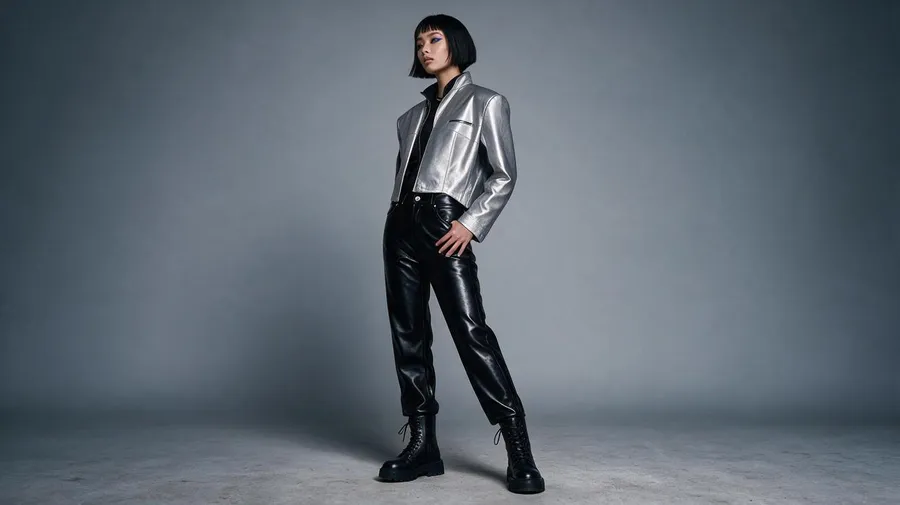 Full-length studio shot of the AI character in a cropped metallic silver jacket, black trousers and boots on a plain backdrop, a poster-format campaign visual generated with getimg.ai.