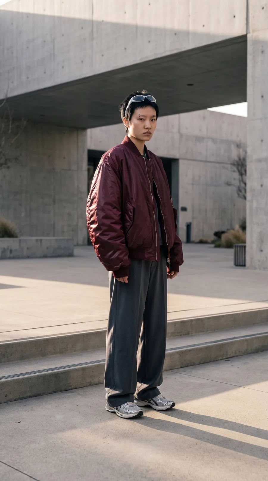 Still photograph of a woman standing motionless on concrete steps in warm sunlight, attached as the image reference for an audio-driven dance generation.