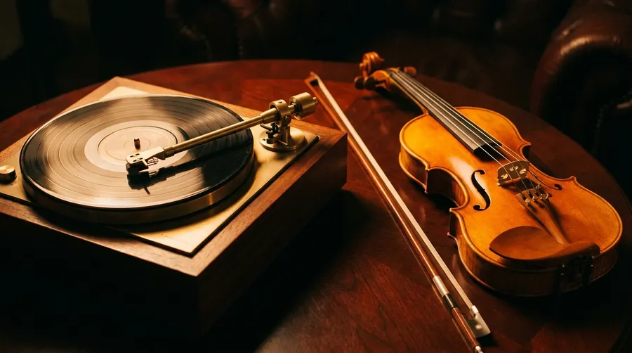 A vinyl turntable and an orchestral violin with its bow resting together on one dark wooden table, representing blending two musical genres in a single prompt. Image generated with getimg.ai.