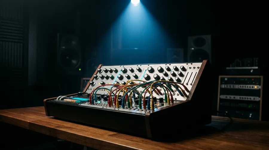 A vintage analog modular synthesizer with coloured patch cables lit by a cool blue spotlight in a dark studio, representing the Eleven Music 2 model. Image generated with getimg.ai.
