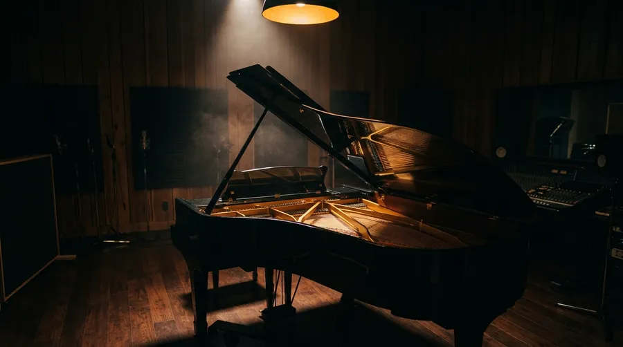 A lone black grand piano lit by a single warm spotlight in an otherwise dark recording studio, representing the Google Lyria 3 Pro music model. Image generated with getimg.ai.