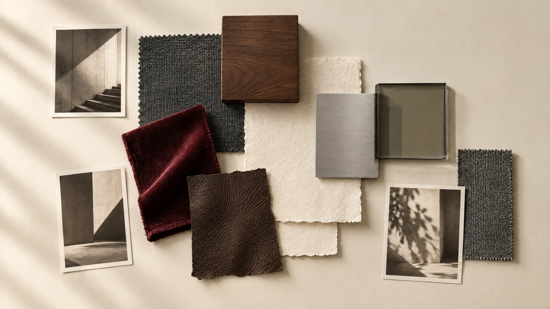 An AI-generated materials board of architecture prints, burgundy velvet, brown leather, walnut, brushed steel and smoked glass on cream, standing in for the controlled brand-fingerprint layer; created on getimg.ai.