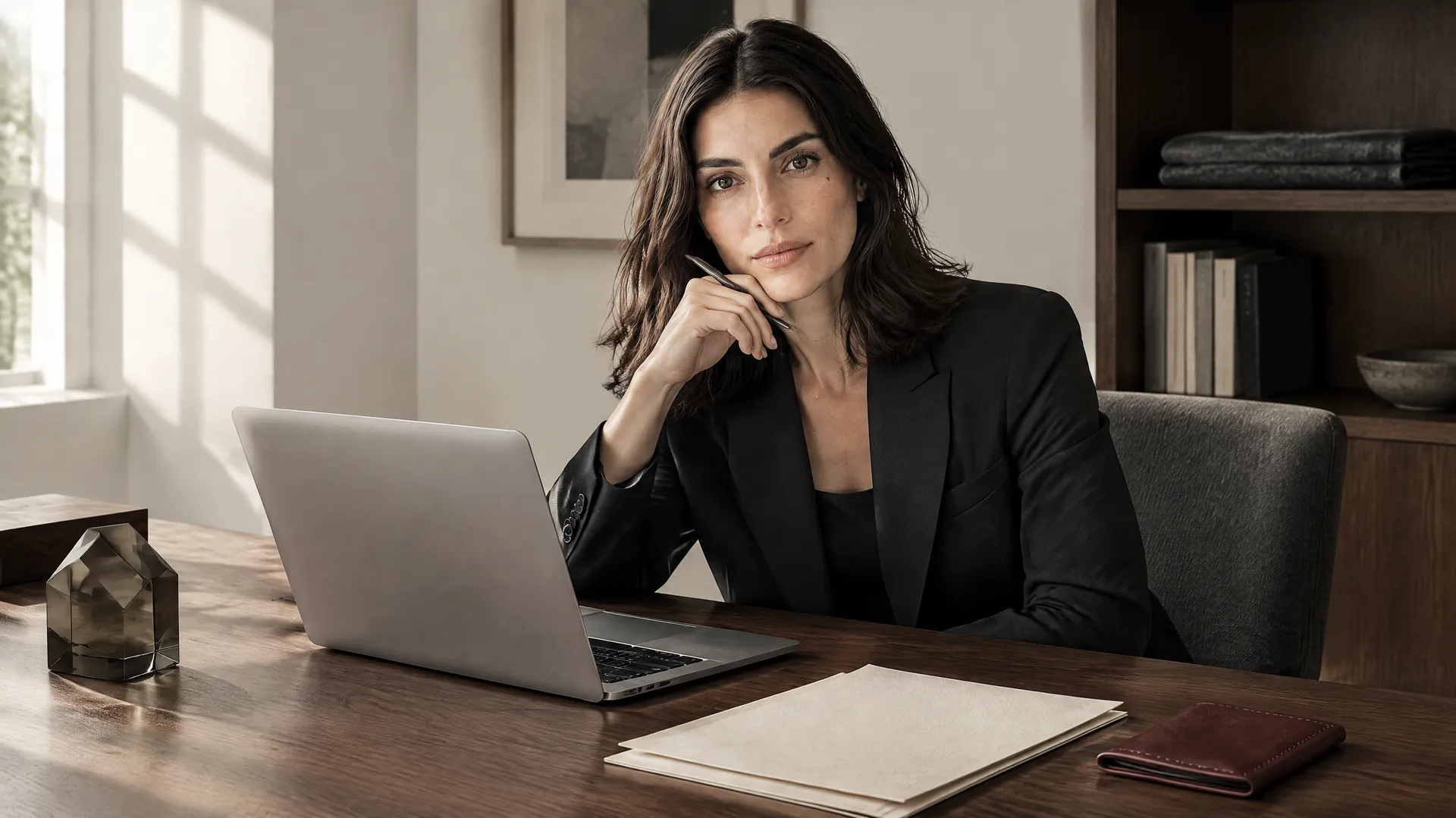 An AI-generated shot of Mara at a home desk in a black blazer, pen in hand beside a laptop in warm window light, a Round 3 home-office location; created on getimg.ai.