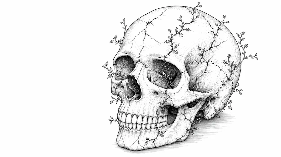 Stippled line art of a human skull with a thin leafy vine growing across it, generated with getimg.ai's AI line art generator