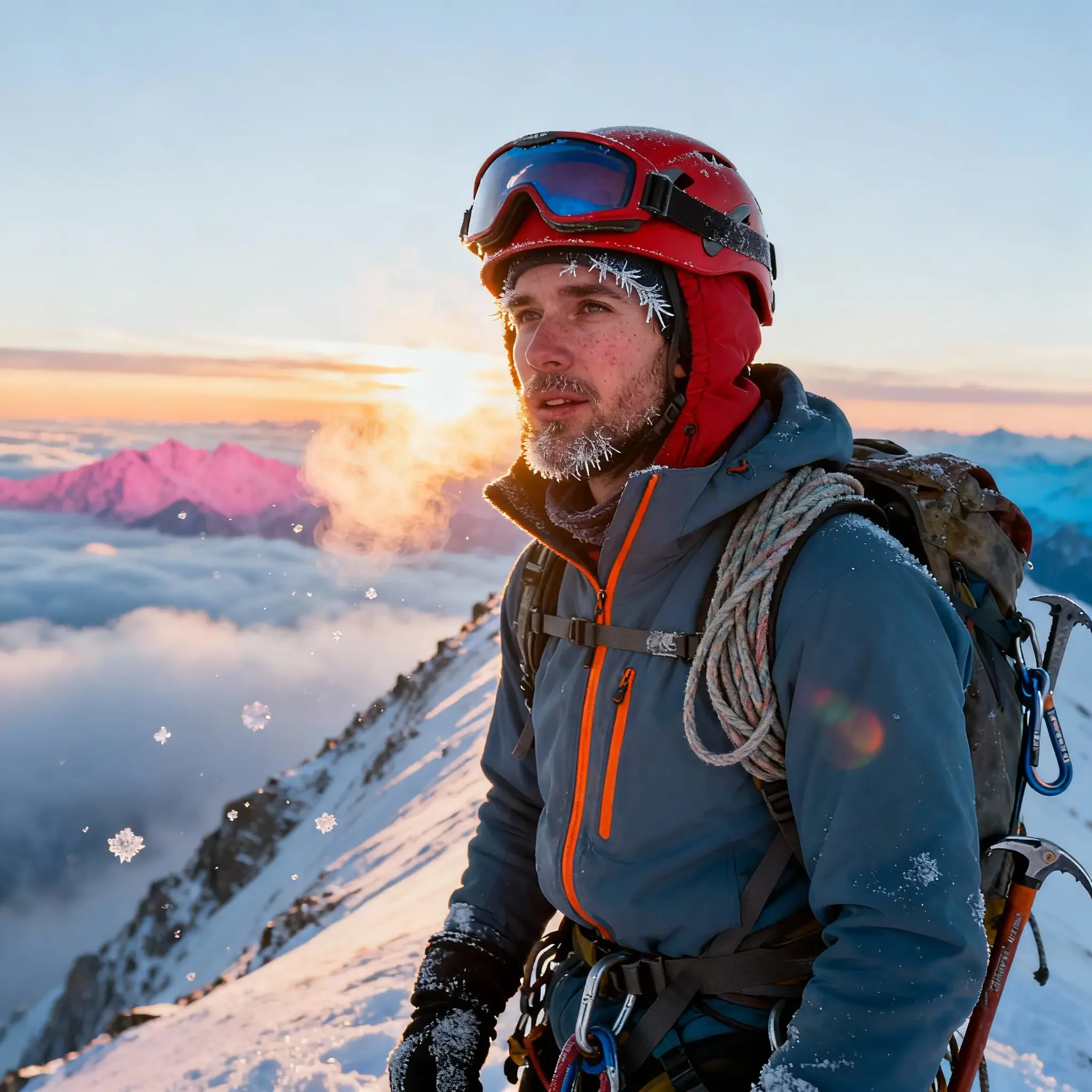 mountaineer at dawn on snowy ridge climb