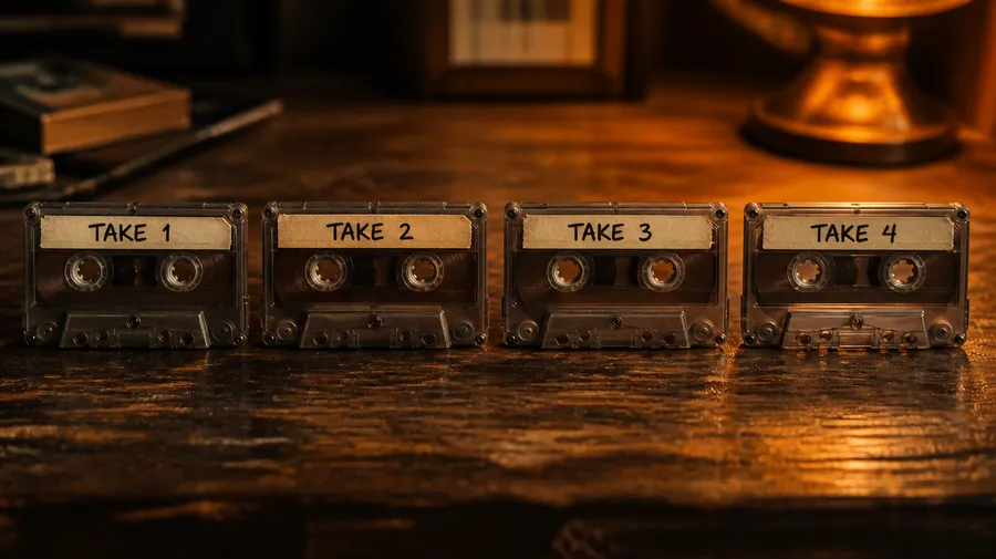 Four cassette tapes in a row on a dark wooden table labelled TAKE 1 to TAKE 4, representing generating up to four variations from a single prompt. Image generated with getimg.ai.