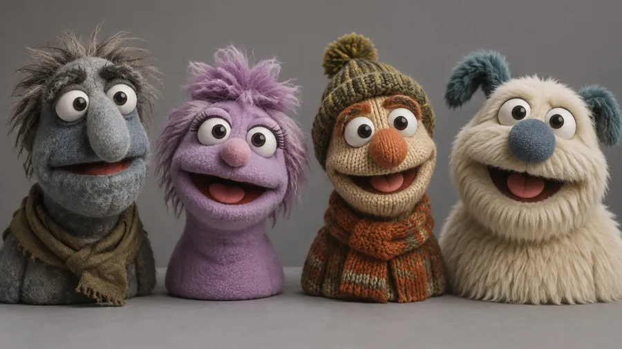 Four puppet heads in a row made from felt, fleece, knitted yarn and plush fabric
