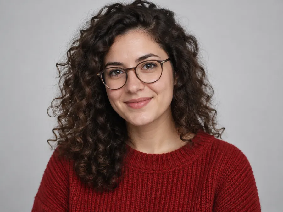 Studio portrait of a woman with curly dark hair, round glasses and a red knitted sweater