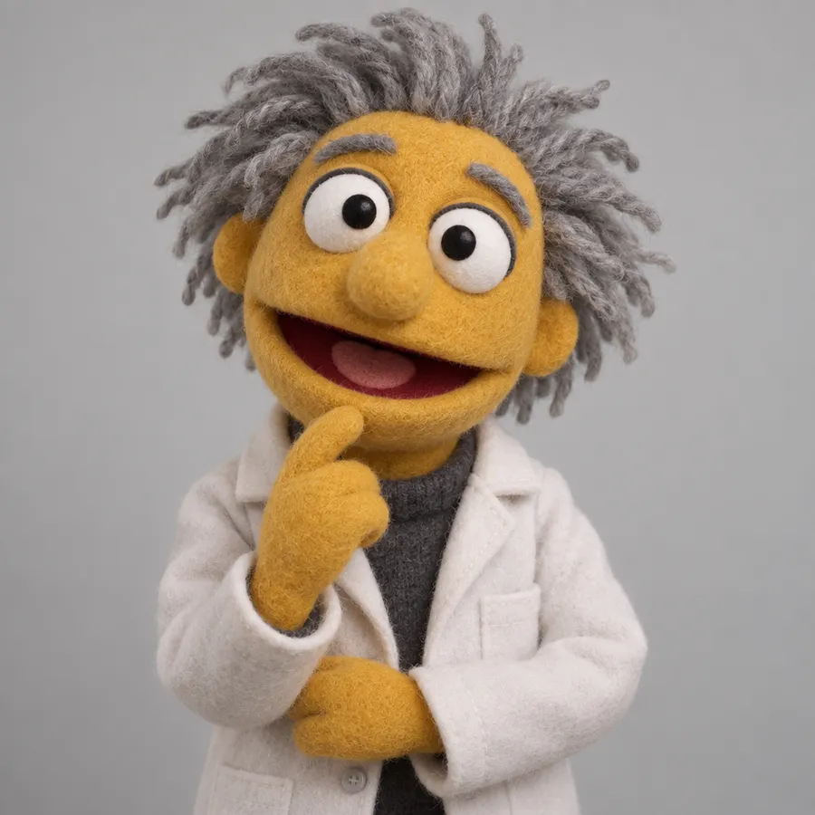 Yellow fleece puppet character in a small white lab coat with grey yarn hair
