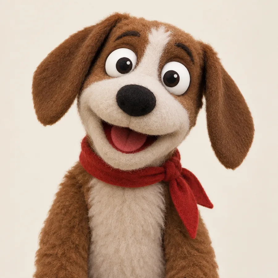 Brown and white fuzzy puppet dog with floppy ears and a small red scarf