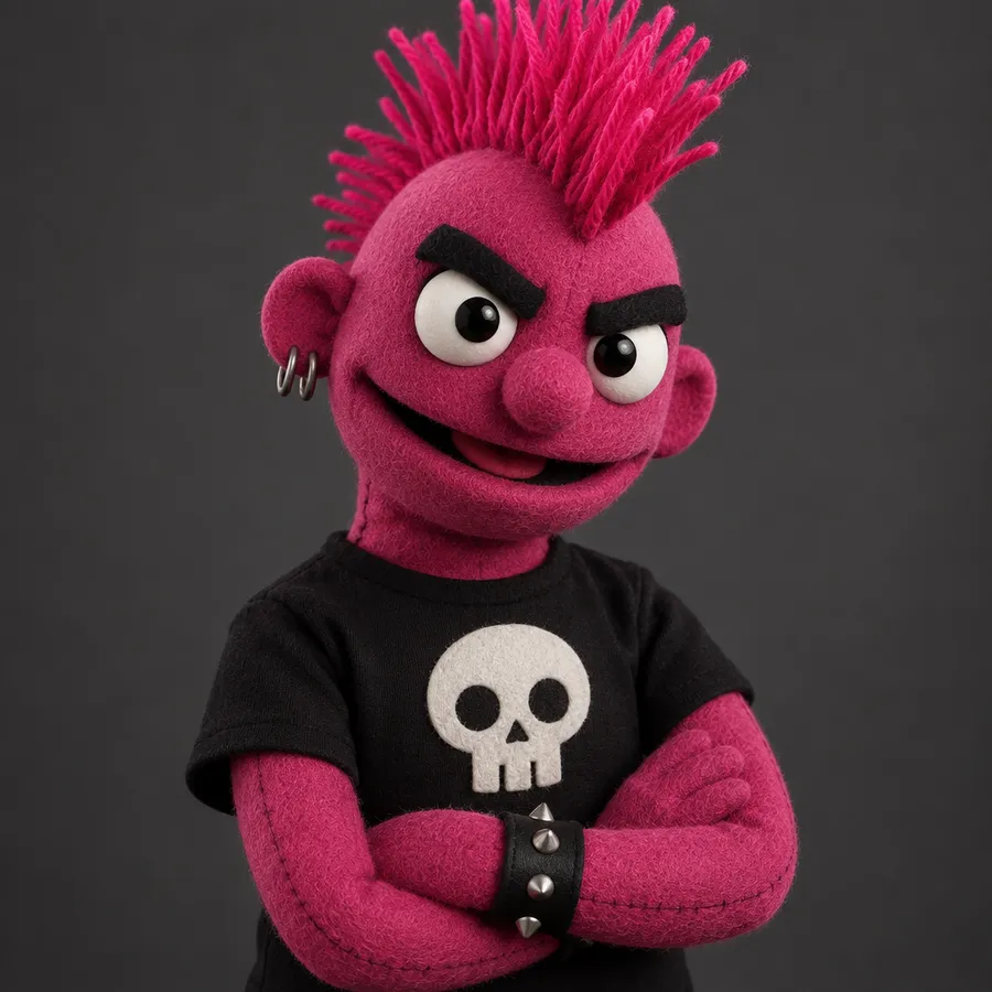 Magenta puppet character with a pink yarn mohawk and a black shirt with a white skull patch