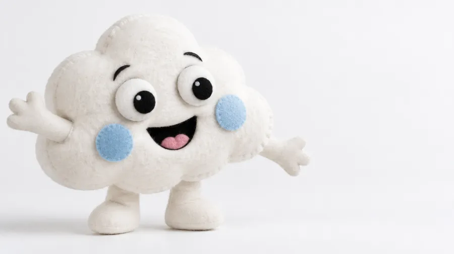 White fleece cloud character with blue cheeks, round eyes and small fabric arms