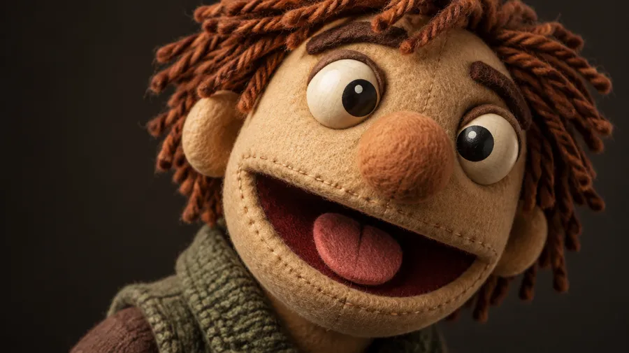 Close-up of a felt puppet head showing stitched seams, yarn hair and a round eye
