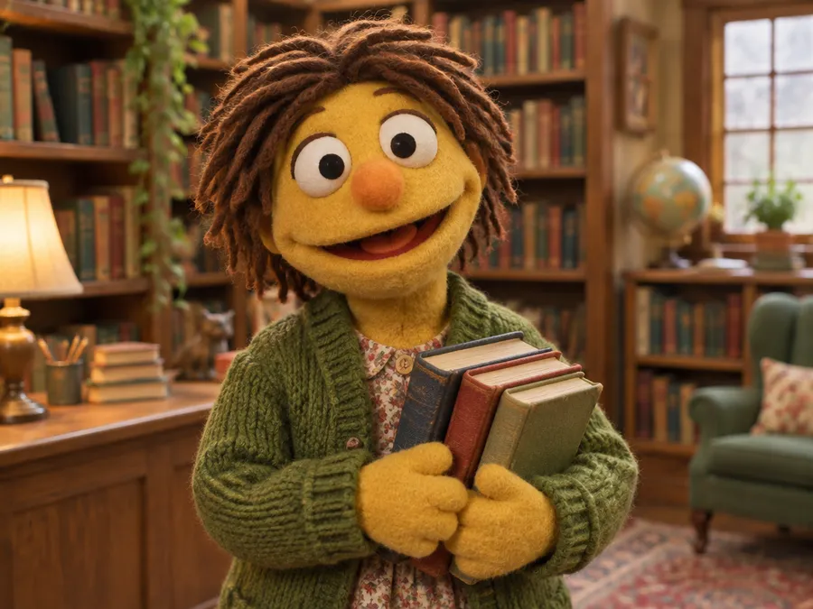 Yellow fleece puppet in a green cardigan holding three books in a miniature library