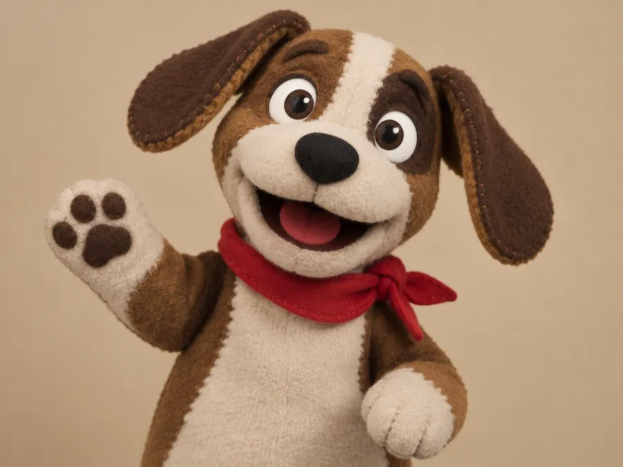 Puppet dog with floppy felt ears, brown and white markings and a small red scarf