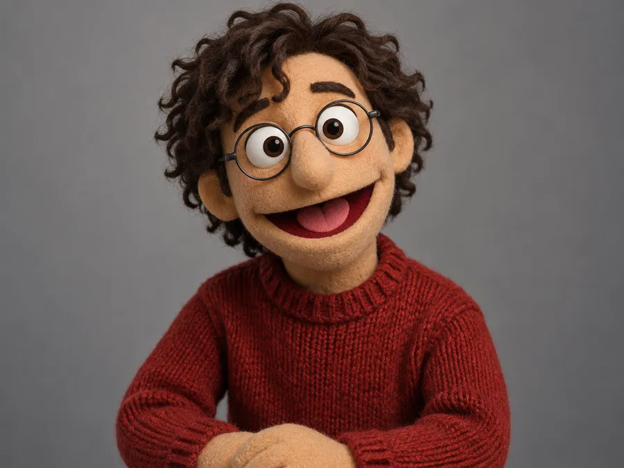 Puppet portrait of a person with curly dark hair, round glasses and a red knitted sweater