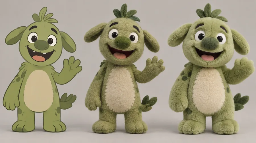 Same green character shown three ways: flat illustration, felt puppet and plush toy