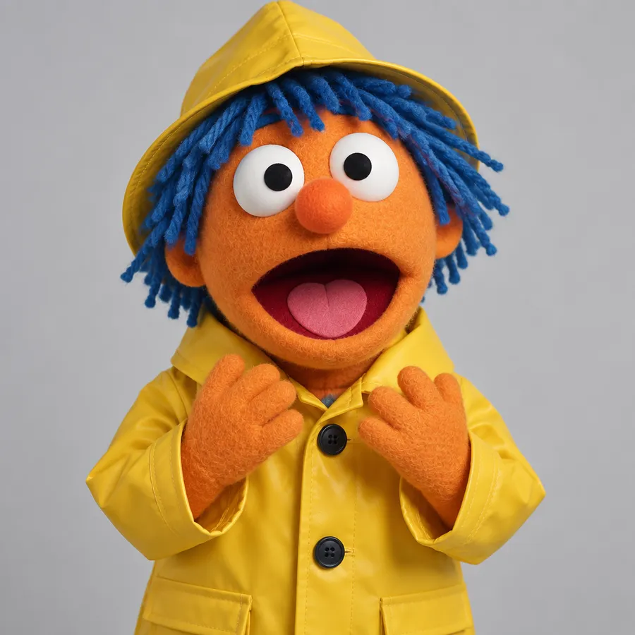 Same orange fleece puppet in a yellow raincoat and hat with an open mouth