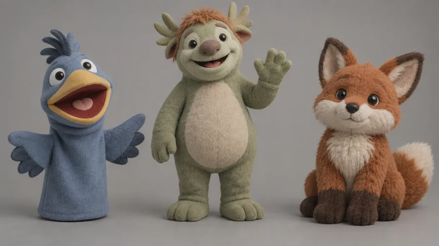 Three fabric characters side by side: a hand puppet, a full-body puppet and a plush toy