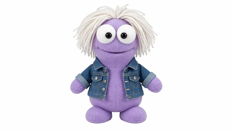Lavender fleece puppet in a denim jacket isolated on a plain white background