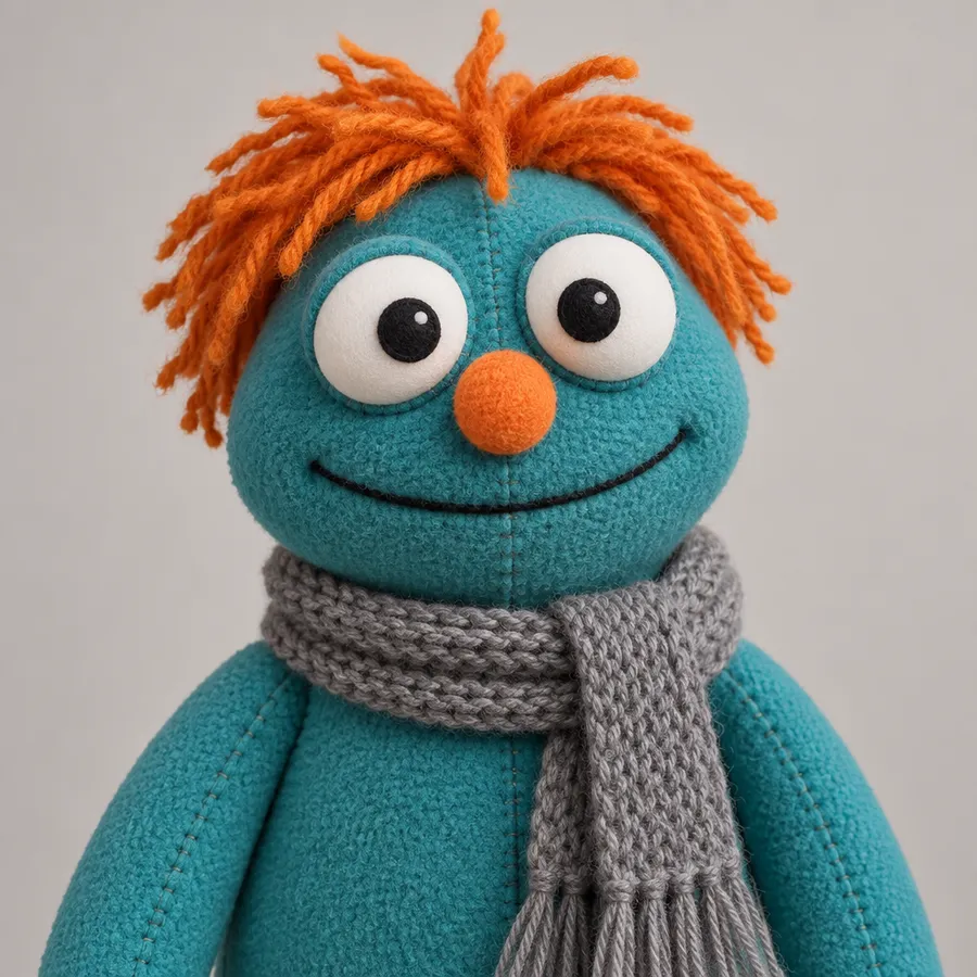 Teal fleece puppet character with large round eyes, orange yarn hair and a grey knitted scarf