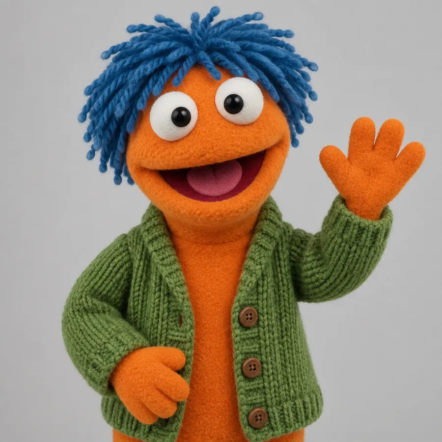 Orange fleece puppet with blue yarn hair and a green cardigan, waving one arm