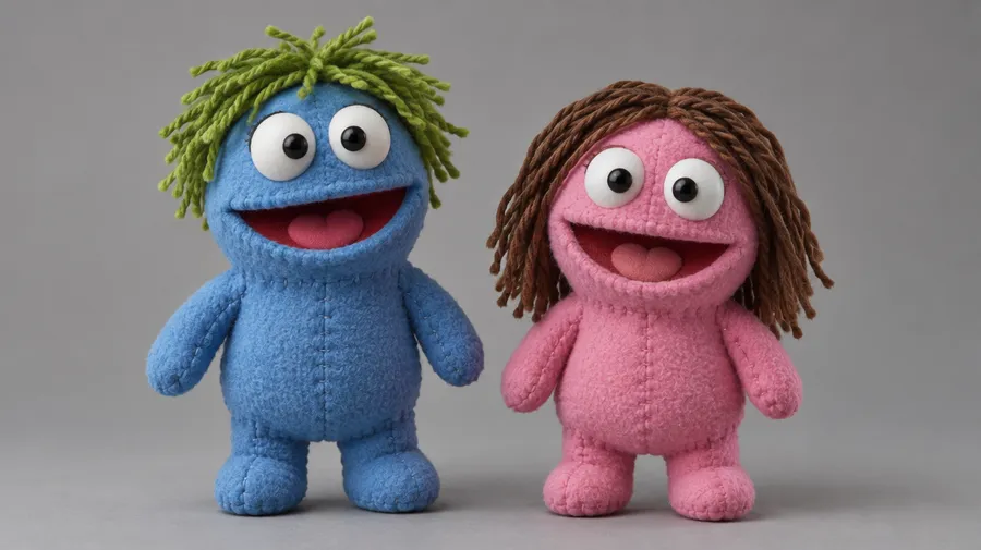 Two fleece puppet characters side by side on a grey backdrop, one blue and one pink