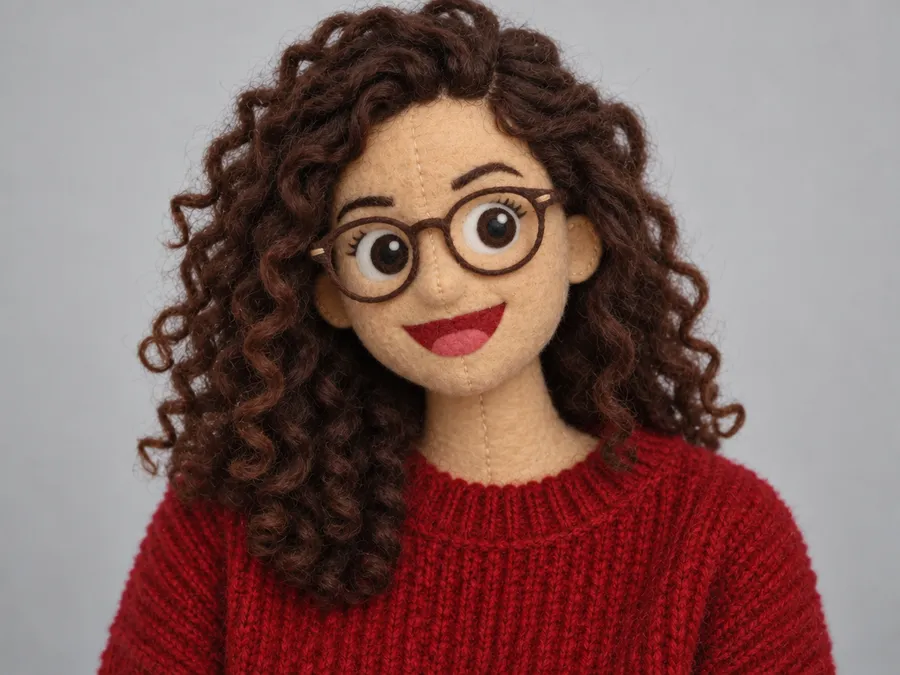 The same woman reinterpreted as a fleece puppet character with yarn hair, round glasses and a red sweater