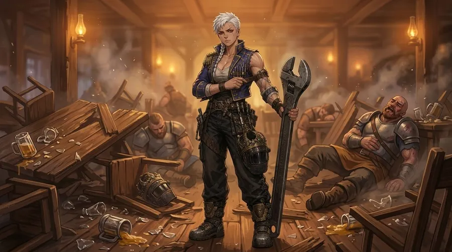 Anime female mechanic with white hair holding a huge wrench in a wrecked tavern, anime AI art generated with getimg.ai.