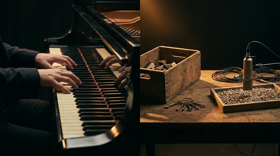 Split composition contrasting music and sound effects: on the left a musician's hands playing a grand piano keyboard, on the right a foley table with a wooden prop crate, a bunch of old keys, a gravel tray and a microphone. Image generated with getimg.ai.