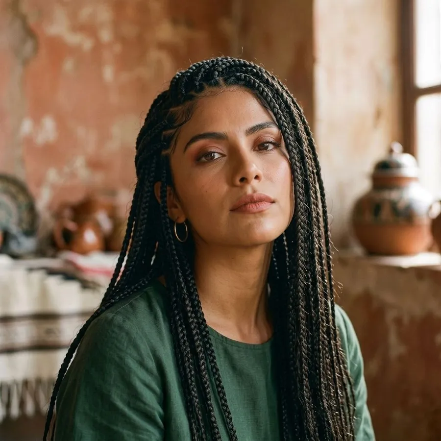 portrait of a young woman with natural-looking braided hair, hair swap preview with getimg.ai