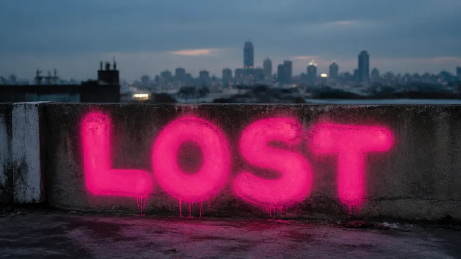 Neon-pink LOST spray-painted in bubble letters on a rooftop parapet at dusk, made on getimg.ai