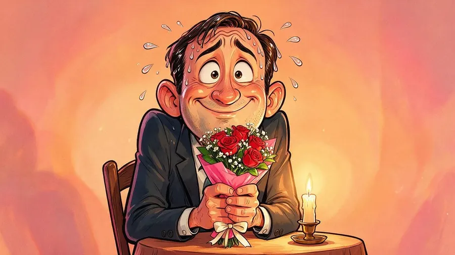 Caricature of a nervous, sweating man on a first date holding a small bunch of roses by candlelight, created on getimg.ai