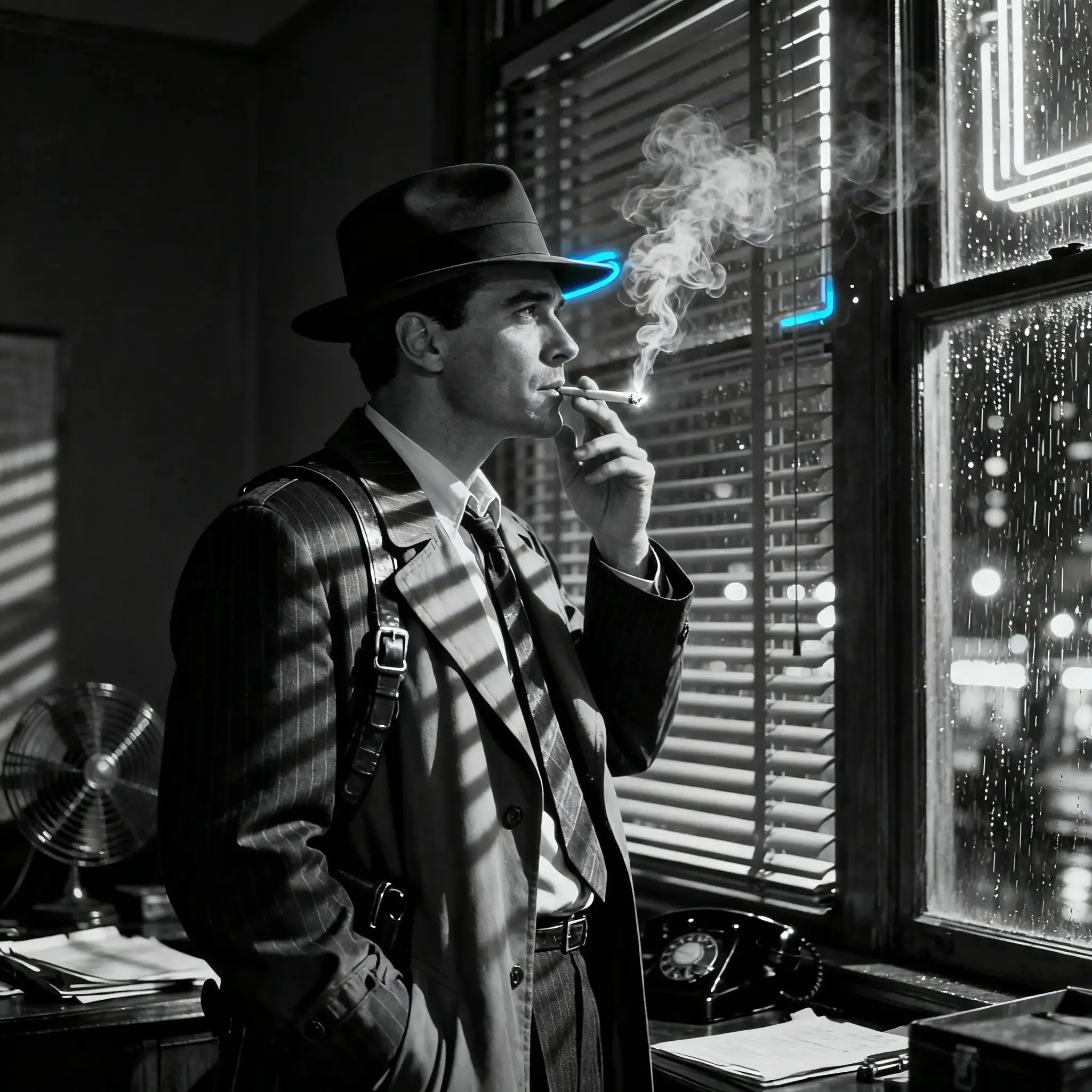 noir detective smoking by a rain window.webp