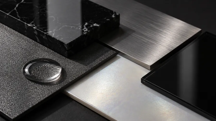 A flat-lay material board of overlapping samples: black marble, brushed chrome, glossy black glass, a pearl-white iridescent panel, textured graphite, and a single water droplet. Represents the fixed visual system of materials that keeps a fragrance campaign consistent. Generated with getimg.ai.