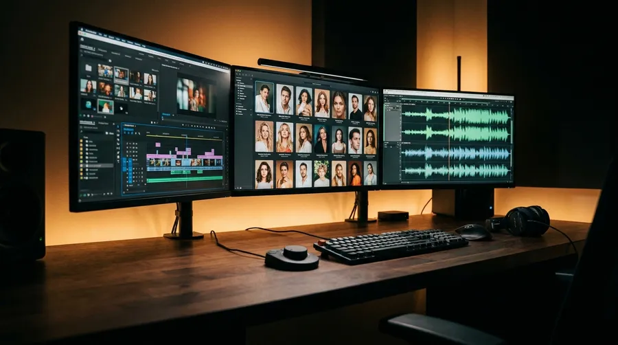Three studio monitors on one desk showing a video editing timeline, a grid of generated portraits and an audio waveform, representing music, image and video produced in a single project. Image generated with getimg.ai.