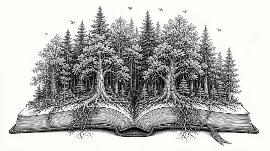 Engraving-style line art of an open book with a forest growing out of its pages, generated with getimg.ai's AI line art generator