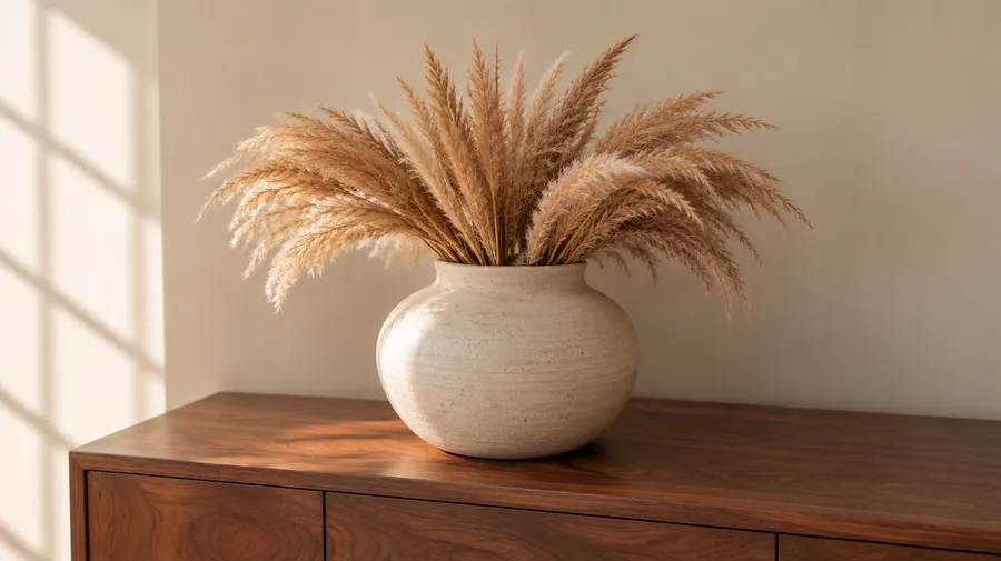 The same vase of dried pampas grass on a walnut console, shown in a wider frame with added wall and table on both sides